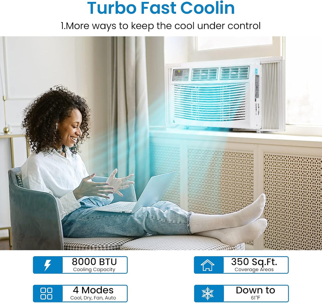 8000 BTU Smart WiFi Window Air Conditioner, Cools Up to 350 Sq. ft., Energy Saving AC Unit with Remote Control, App & Voice Control, 24H Timer, Quiet Operation for Living Room, Office