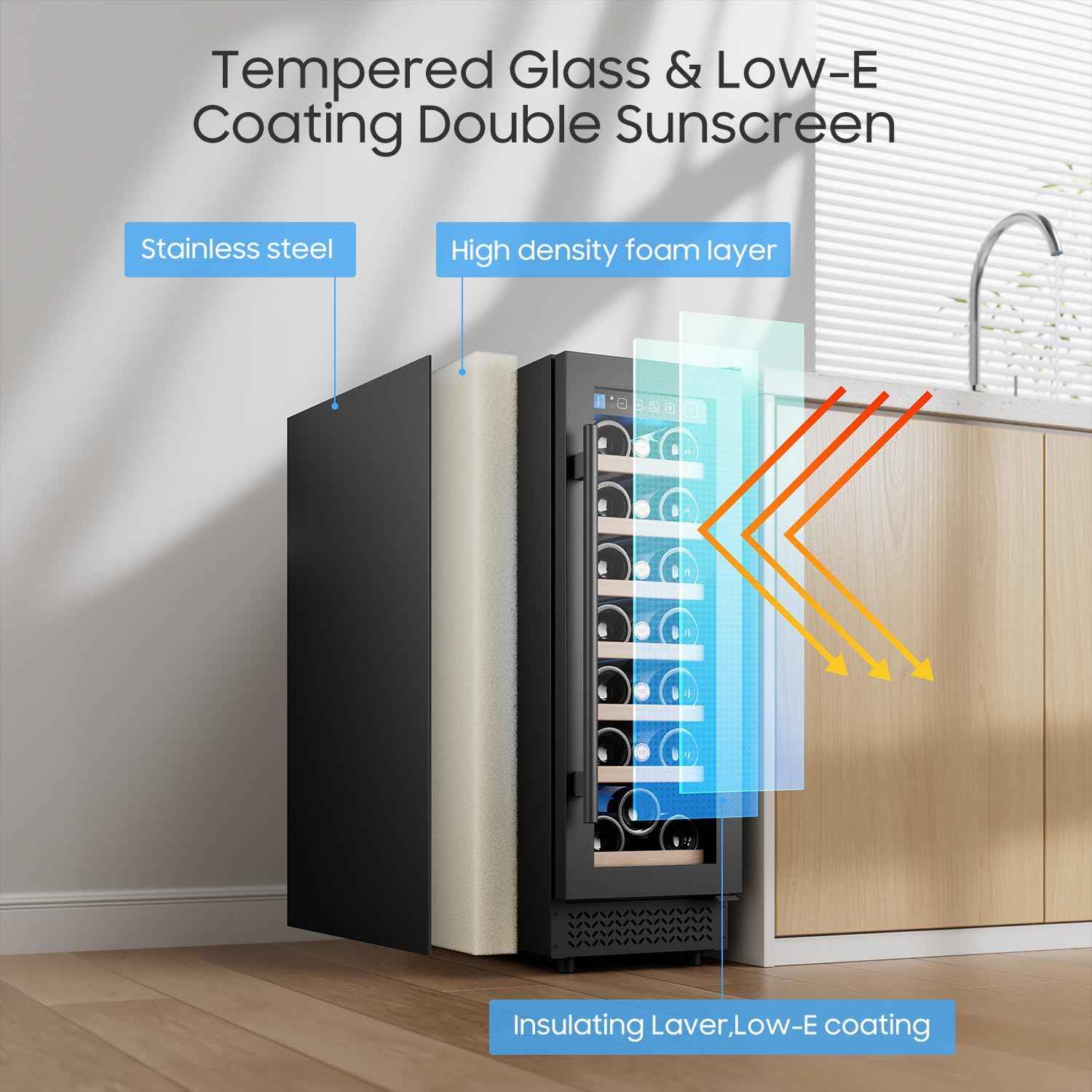 12" Wine Cooler Refrigerator 21 Bottle Wine Fridge Built-in or Freestanding with Double-Layer Tempered Glass Door Compressor quick cooling, Low Noise