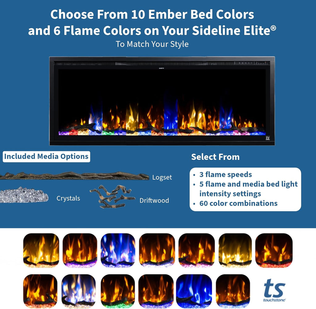 Touchstone Sideline Elite Smart 60” WiFi-Enabled Electric Fireplace - in-Wall Recessed - 60 Color Combinations - 1,500W Heater - Black - Log, Crystals & Driftwood - 80037