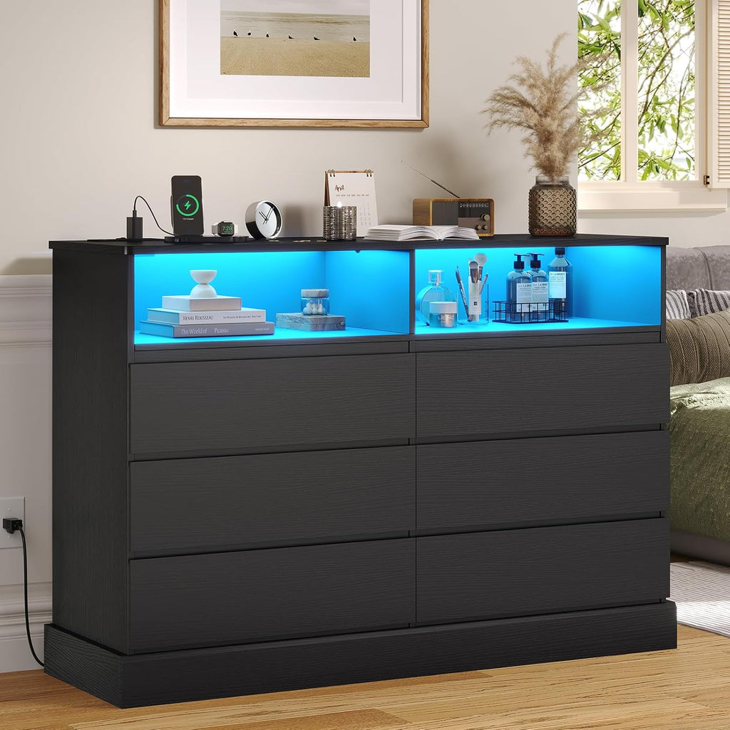 Hasuit Black Dresser for Bedroom with LED Lights and Charging Station, 51.2" Long Dressers Chest of Drawer with Large Drawers and Open Space, Modern 6 Drawer Dresser for Bedroom, Living Room, Entryway