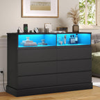 Hasuit Black Dresser for Bedroom with LED Lights and Charging Station, 51.2" Long Dressers Chest of Drawer with Large Drawers and Open Space, Modern 6 Drawer Dresser for Bedroom, Living Room, Entryway