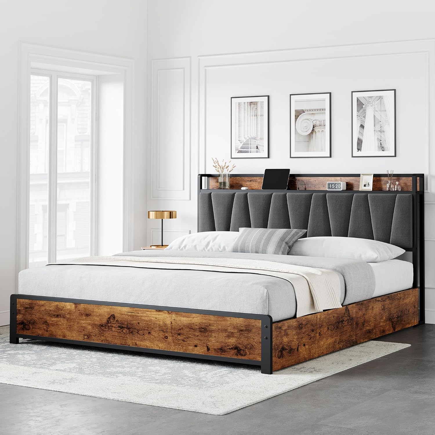 GarveeHome King Size Bed Frame with 4 Storage Drawers, Upholstered Storage Charging Headboard, Heavy Duty Metal Platform Bed Frame, Noise Free, No Box Spring Needed, Rustic Brown