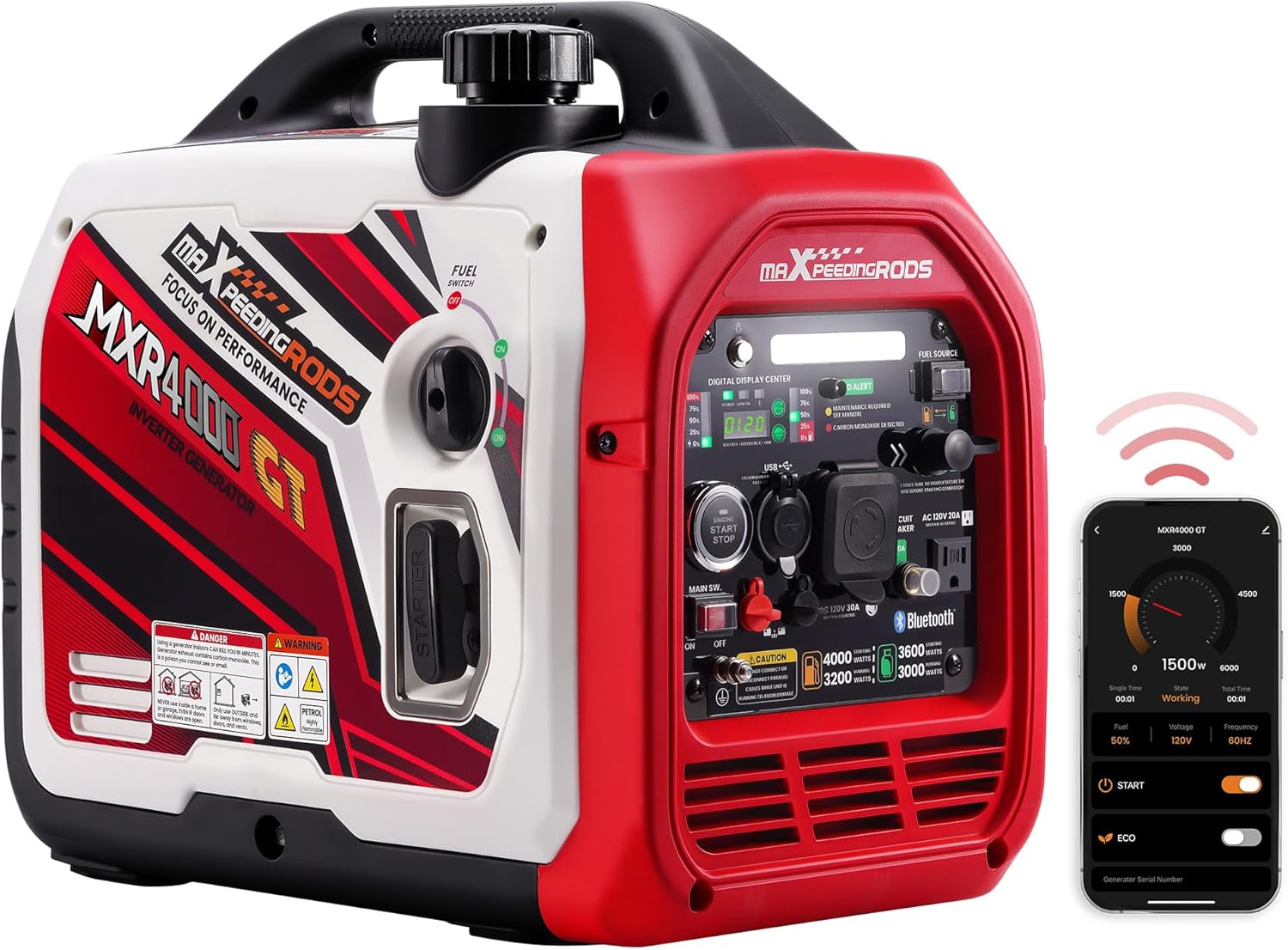 maXpeedingrods 4000 Watt Dual Fuel Inverter Generator with Bluetooth® Control Start and Display  RV Ready  Electric Start  Quiet for Outdoor Camping  Home Backup  Garden .PGMA Compliant