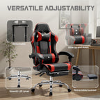 DUMOS Ergonomic Gaming Office Desk Chair with Footrest and Headrest for Adults, PU Leather Video Computer Chair with Linkage Armrests, Height Adjustable 360° Swivel Recling Chair, Black Red