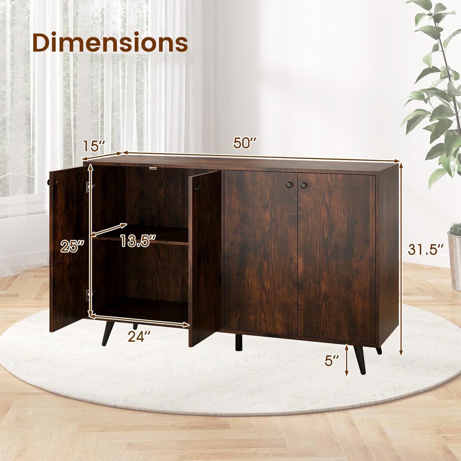 Giantex Sideboard Buffet Cabinet, 50’’ Accent Kitchen Storage Cabinet with 4-Door & 5-Position Adjustable Shelves, Modern Sideboard with 5 Legs, Buffet Table for Coffee Bar, Living Room, Rustic Brown