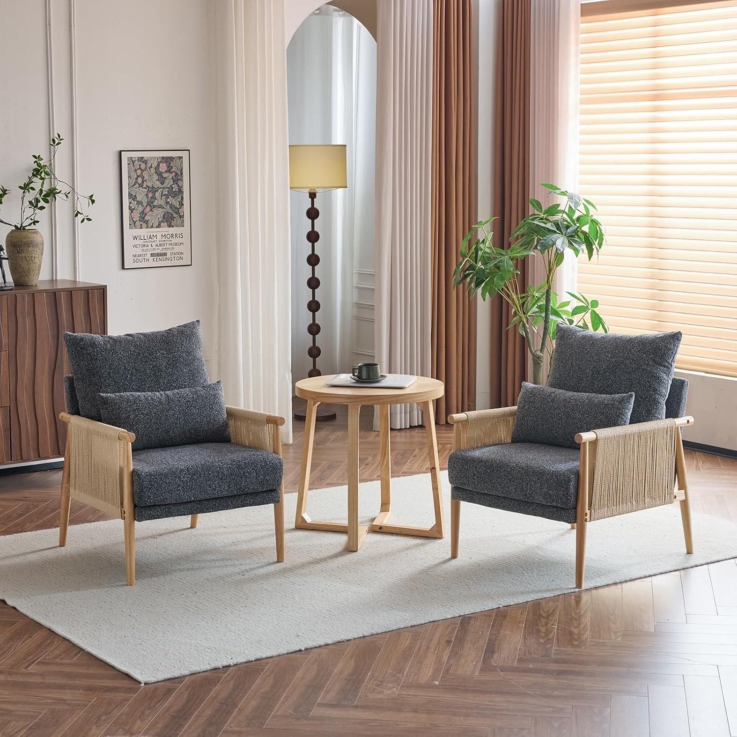Karl home Cozy Chenille Accent Chair with Lumbar Pillow & Rattan Arms Modern Lounge Chair for Living Room, Bedroom, Reading Nook, Dark Gray