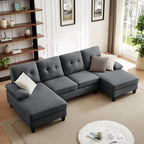 111" Sectional Couch for Living Room, Modern Polyester Fibre U Shaped Sofa Couches with Double Chaise, Upholstered 4 Seater Sofa for Living Room, Apartment, Office, Dark Grey