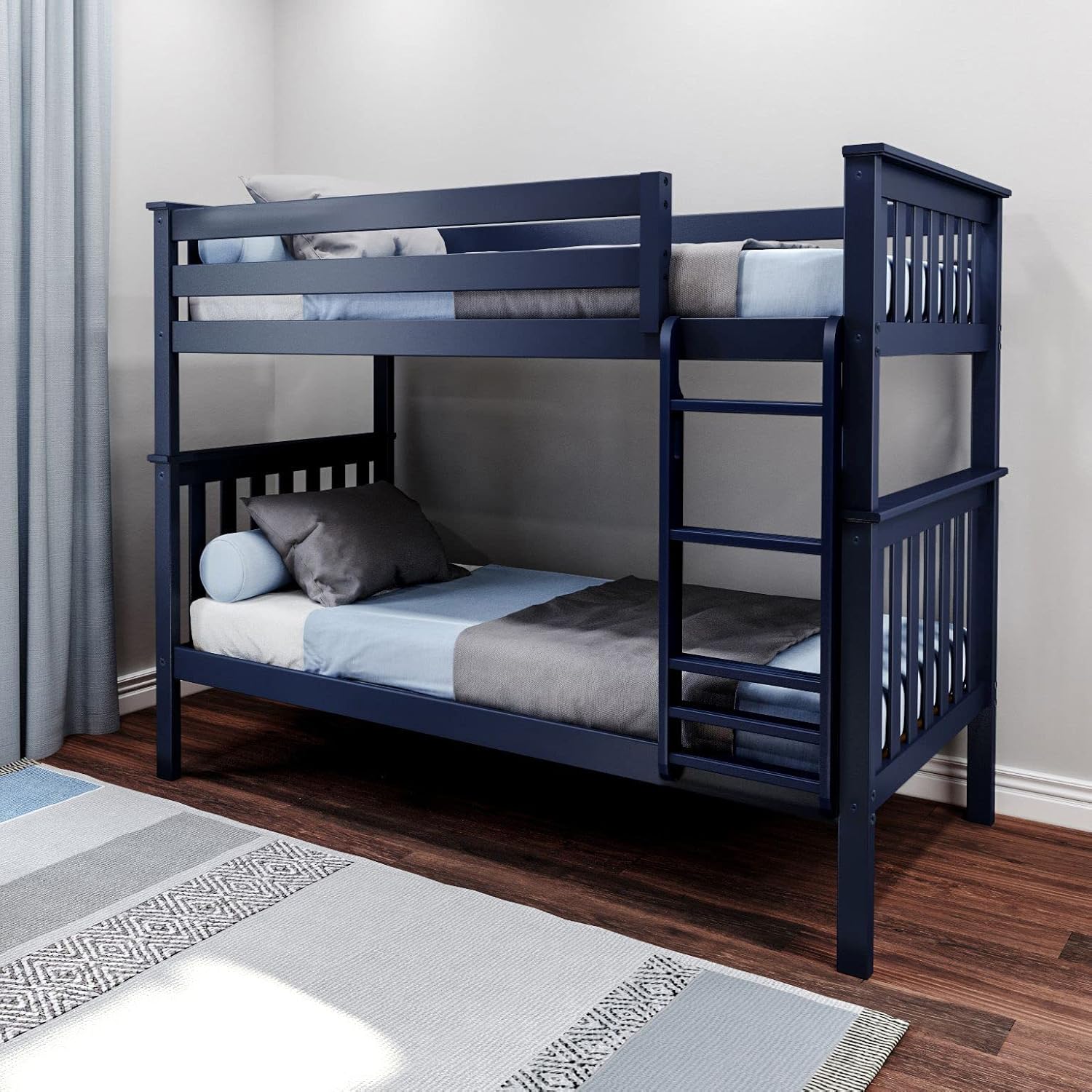 Max & Lily Bunk Bed Twin over Twin, Solid Wood Bunk Bed Frame with Ladder for Kids, 14" Safety Guardrails, Easy Assembly, No Box Spring Needed, Blue