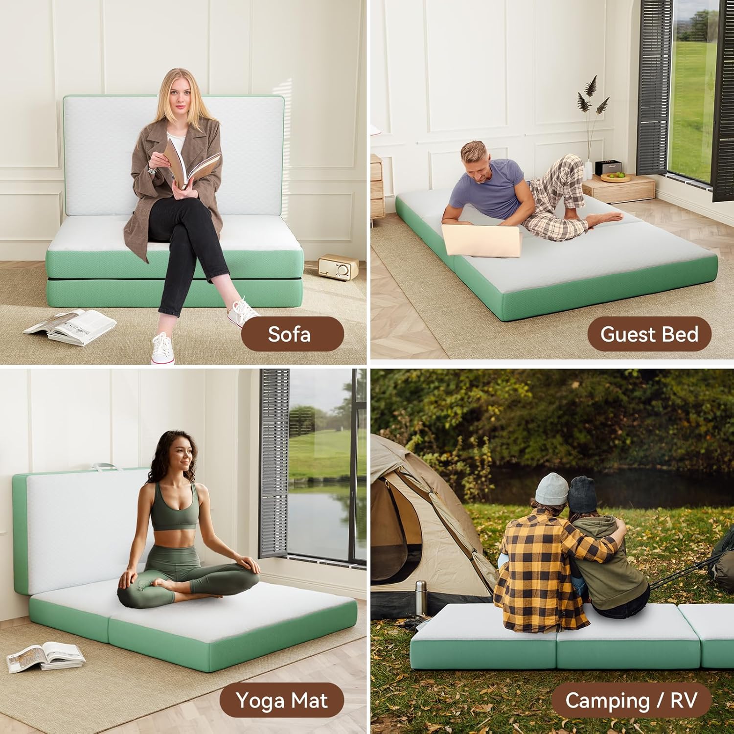 Memory Foam Trifold Mattress, Full Portable Floor Bed 6 Inch, Foldable Mat with Washable Cover, Handle & Non-Slip Bottom, for RV, Travel, Camping, Yoga, 73"x52"x6", White Green