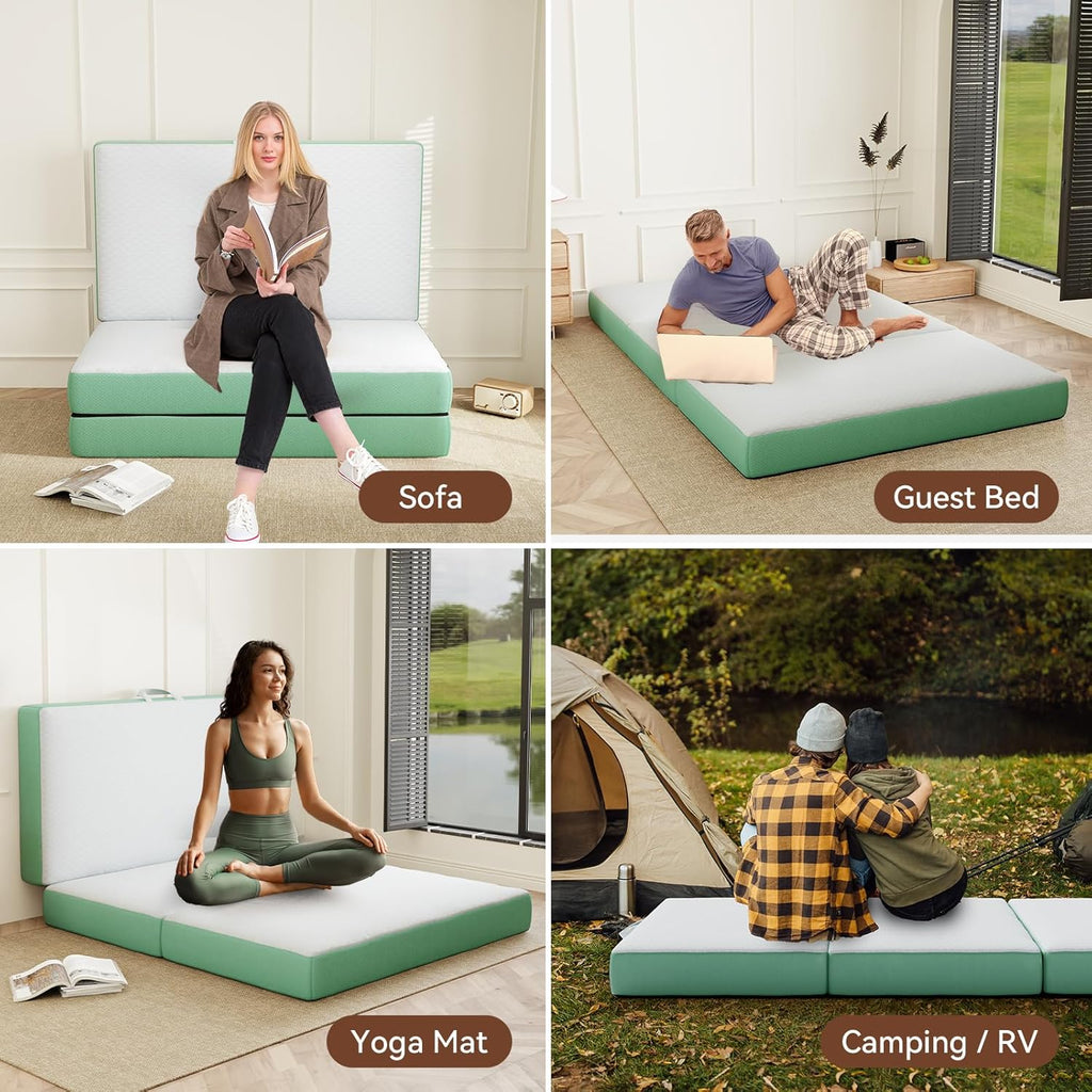Memory Foam Trifold Mattress, Queen Portable Floor Bed 6 Inch, Foldable Mat with Washable Cover, Handle & Non-Slip Bottom, for RV, Travel, Camping, Yoga, 78"x58"x6", White Green