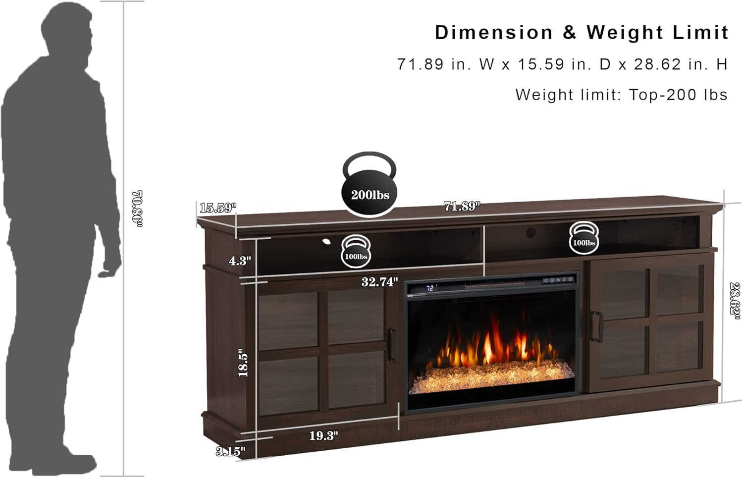 72" Fireplace TV Stand for TVs Up to 80", Entertainment Center with 26" Electric Fireplace, 5 Flame Colors Control with Remote, Modern Farmhouse Cabinet Console Glass Door, Brown