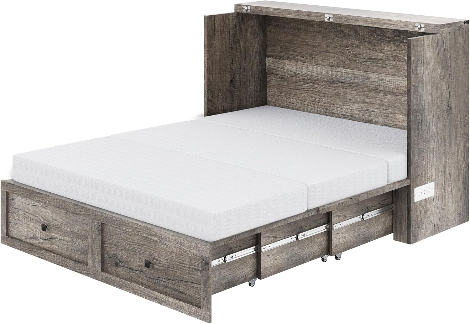 Queen Murphy Bed with 6" White Tri-Fold Memory Foam Mattress, Storage Drawer & Charging Station, Space-Saving Design for Home Office or Guest Room, Rustic Grey