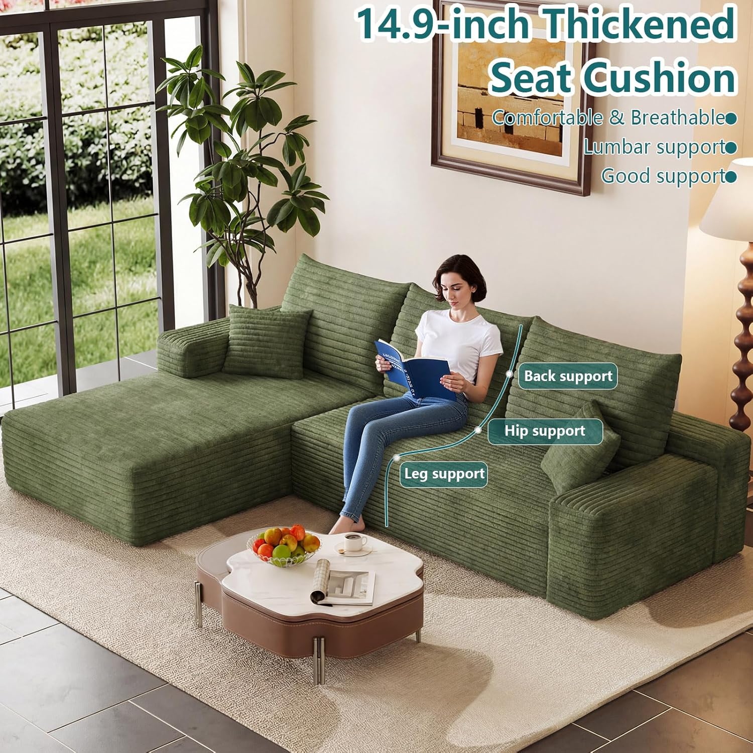 95" Modular Sectional Couch, Boneless L Shaped Cloud Sofa with Chaise Lounge, Corduroy Upholstered Couches Memory Foam Deep Seat, No Assembly Required, Ideal for Living Room(Green, Left Facing)
