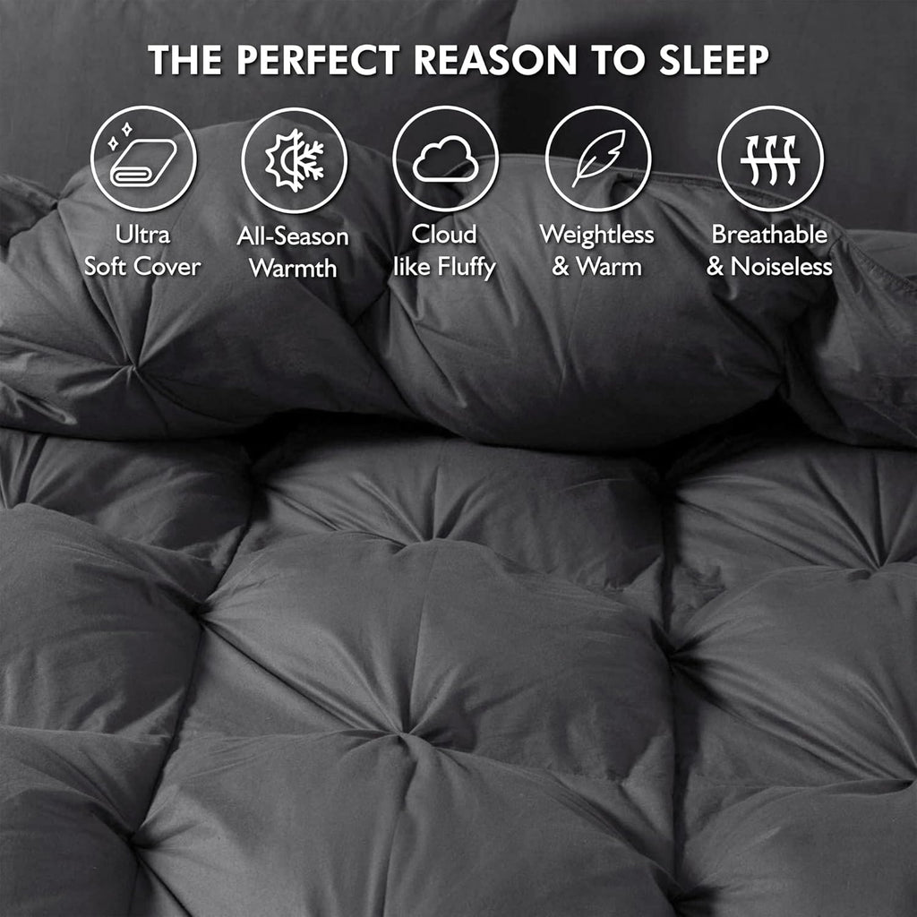 Luxurious All-Season Goose Down Feather Fiber Comforter Queen Size Duvet Insert, Exquisite Pinch Pleat Ruffled Twisted Flower, Premium Baffle Box, 100% Egyptian Cotton Cover, 60 oz. Fill Weight, Gray