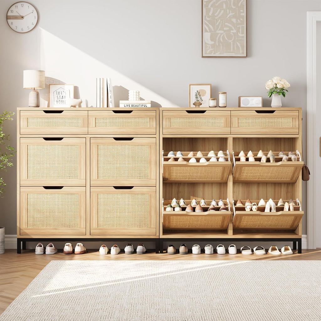 Rattan Shoe Cabinet with Flip Drawers, Narrow Freestanding Shoe Storage Cabinet with Metal Legs for Entryway/Hallway/Foyer (Natural)