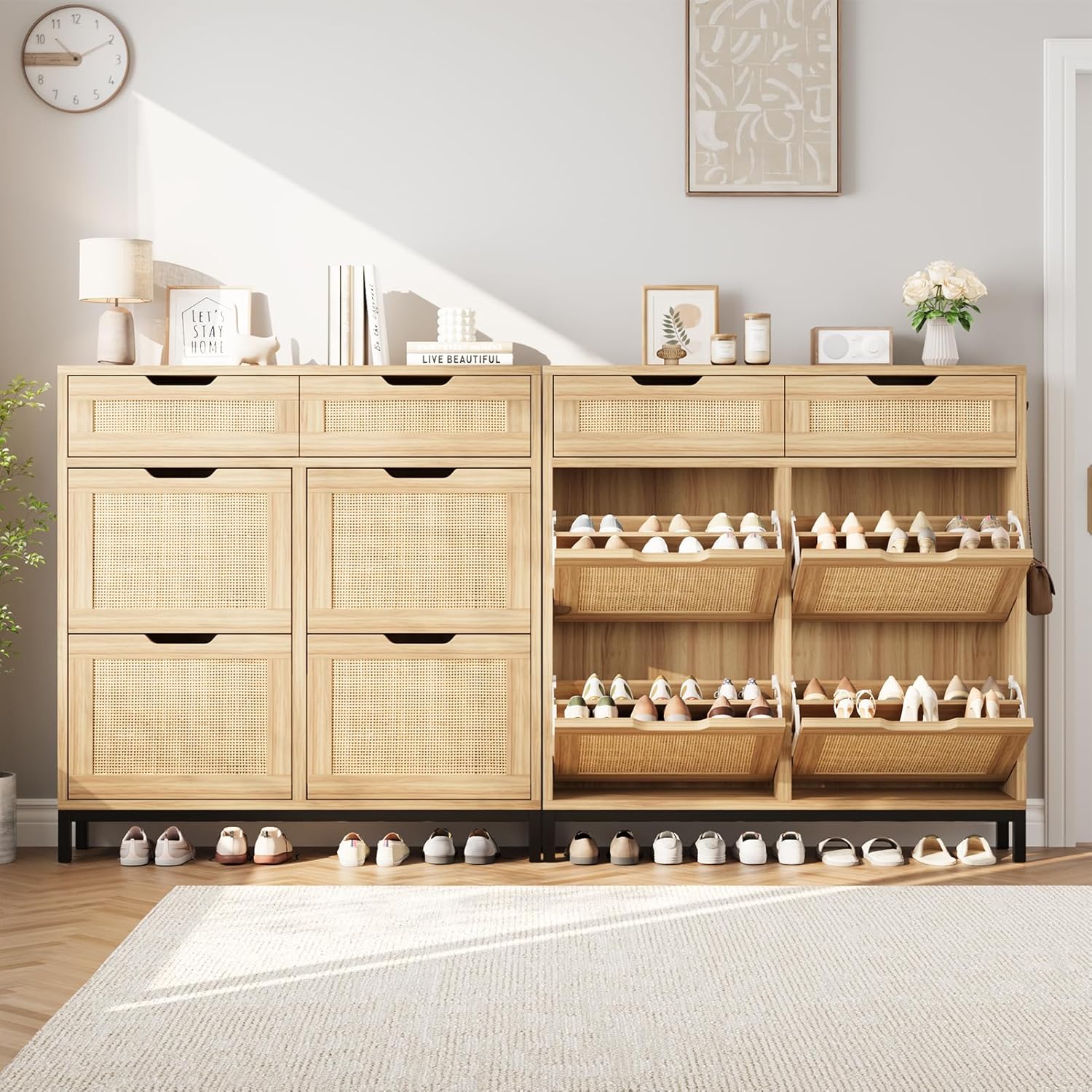 Rattan Shoe Cabinet with Flip Drawers, Narrow Freestanding Shoe Storage Cabinet with Metal Legs for Entryway/Hallway/Foyer (Natural)