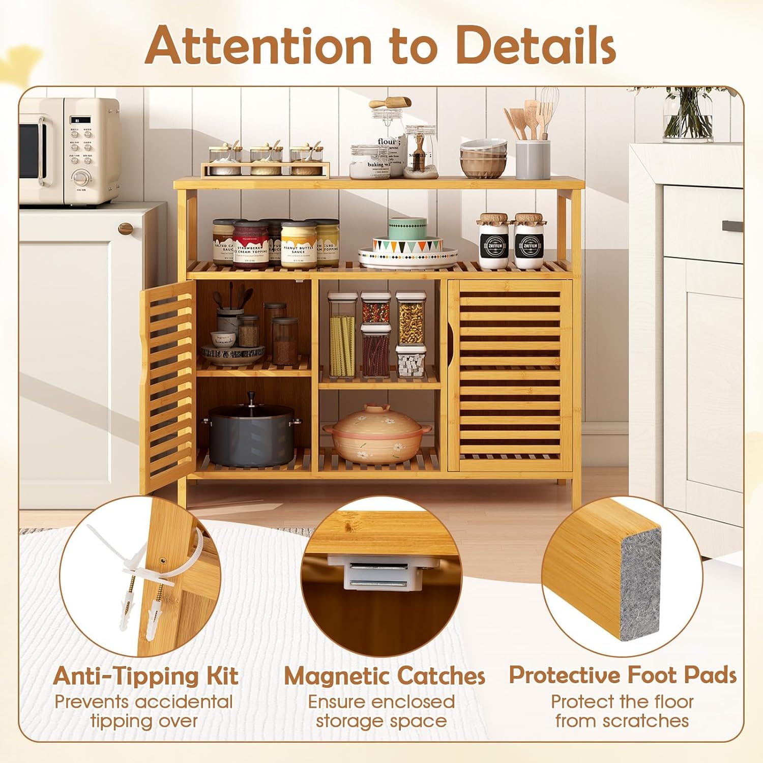 Giantex Bamboo Bathroom Storage Cabinet, 2-Door Storage Organizer with Shelves, Freestanding Floor Cabinet, Slatted Bamboo Home Furniture for Living Room Entryway Kitchen Dining Room, Natural