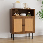 Rattan Storage Cabinet, Boho Accent Cabinet with Double Doors, Small Freestanding Sideboard for Hallway, Laundry Room,Kitchen, Dining Room, Entryway (Walnut)