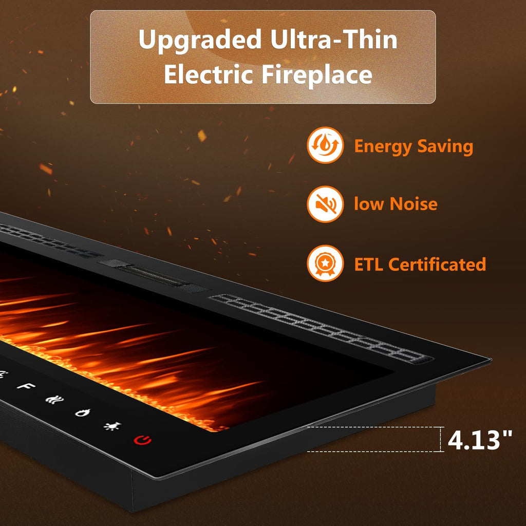 80 inch Ultra-Thin Electric Fireplace Recessed and Wall Mounted with Touch Screen Control Panel/Remote Control- Timer,Realistic 5 Flame - Log & Crystal Hearth Options