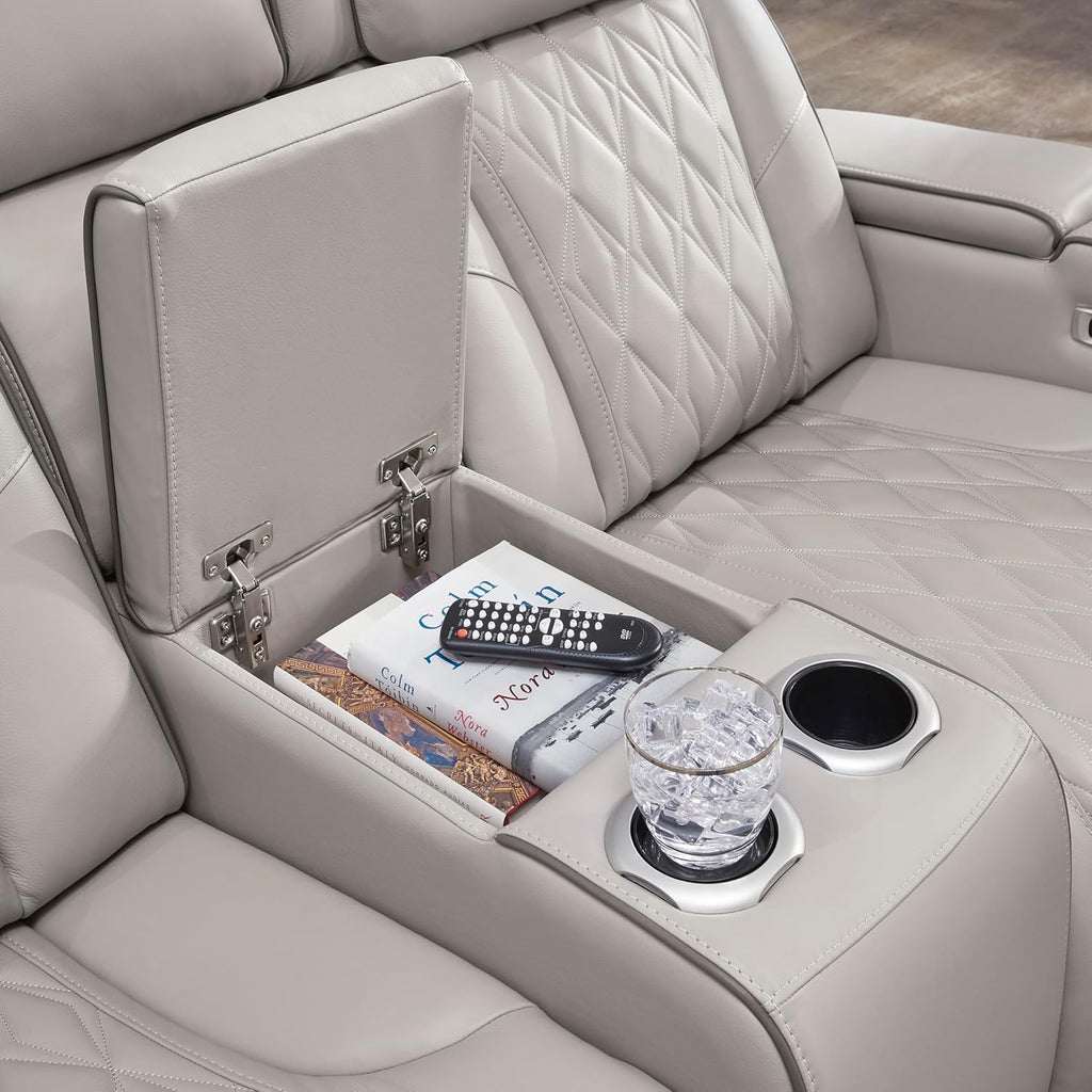 Signature Design by Ashley Boyington Contemporary Leather Match Power Reclining Loveseat with Console and USB Charging Ports, LED Lights and Adjustable Headrest, Light Gray