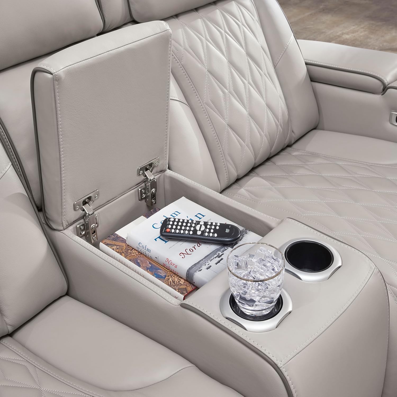 Signature Design by Ashley Boyington Contemporary Leather Match Power Reclining Loveseat with Console and USB Charging Ports, LED Lights and Adjustable Headrest, Light Gray