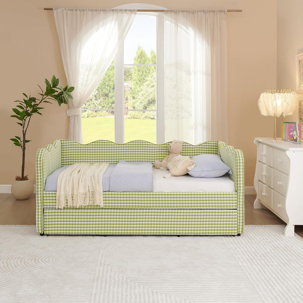 KEIKI Twin Size Upholstery Daybed with Trundle and USB, Twin to King Design Adorable Wave Shaped Extendable Linen Sofa Bed, Easy Assembly, No Box Spring Required, for Living Room and Bedroom, Green