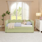 KEIKI Twin Size Upholstery Daybed with Trundle and USB, Twin to King Design Adorable Wave Shaped Extendable Linen Sofa Bed, Easy Assembly, No Box Spring Required, for Living Room and Bedroom, Green
