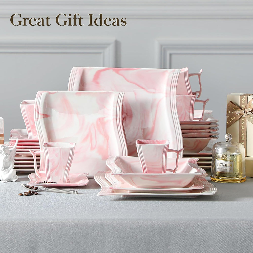 MALACASA Dinnerware Sets, 30-Piece Pink Plates and Bowls Sets for 6, Porcelain Dinnerware Set with Plates and Bowls, Cups and Sacuers, Square Dish Set, Modern Dining Ware Set, Series Flora