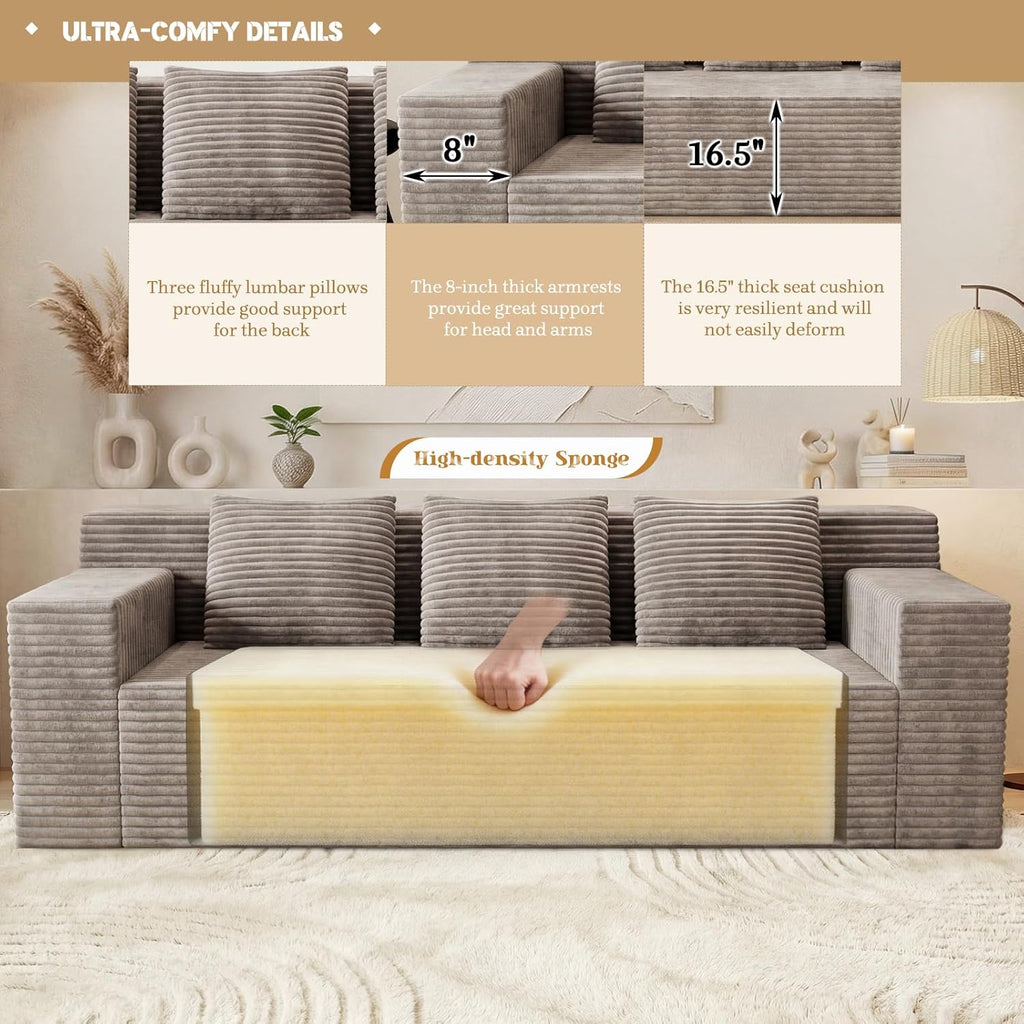 Kurhwyss 71" Corduroy Living Room Sofa, 3 Setaser Deep Seat Couch with 3 Lumbar Pillows, Comfy Boneless Sofa Modern Compressed Couch for Bedroom, Office, Apartment, No Assembly, Flat Armrests (Camel)