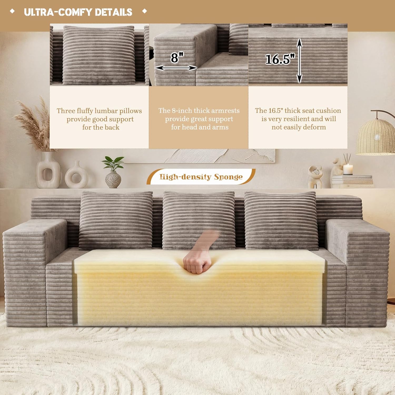 Kurhwyss 71" Corduroy Living Room Sofa, 3 Setaser Deep Seat Couch with 3 Lumbar Pillows, Comfy Boneless Sofa Modern Compressed Couch for Bedroom, Office, Apartment, No Assembly, Flat Armrests (Camel)