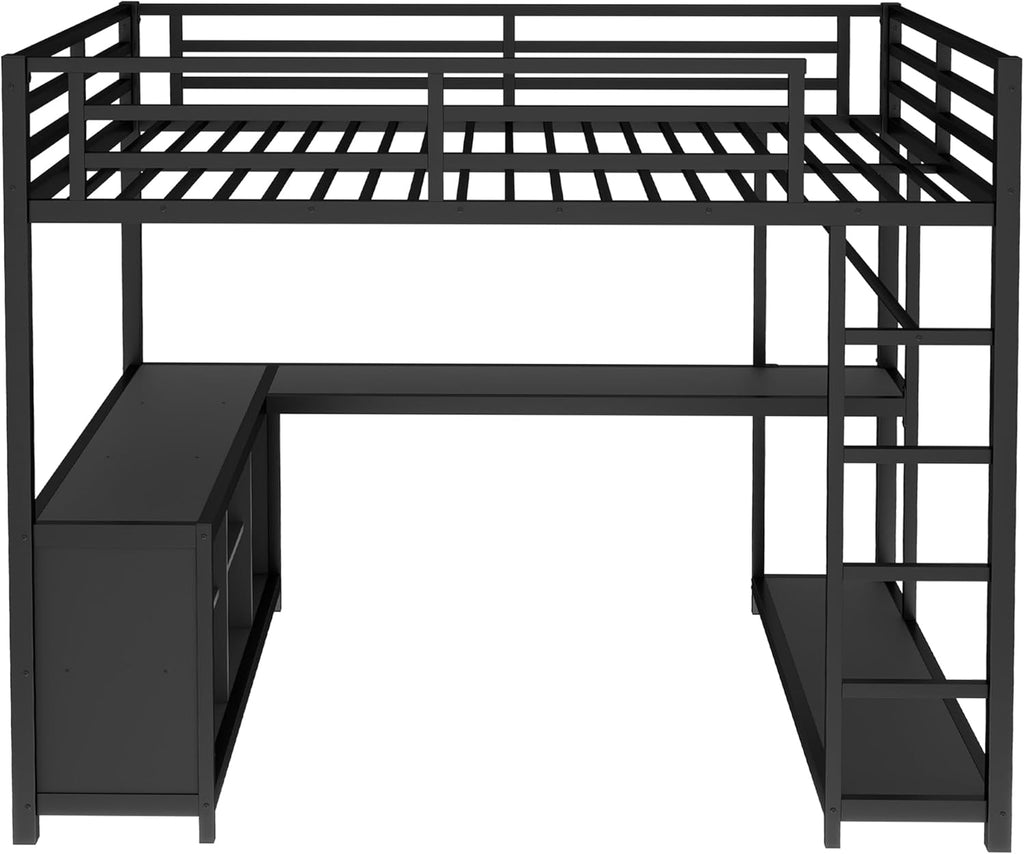 Queen Loft Bed with L-shaped Desk and Wardrobe, Metal Loftbed with Storage Cubes and Shelves, Heavy-duty Loft Bed Frame for Kids, Teens, Adults, Noise-free and No Box Spring Needed Design, Black