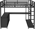 Queen Loft Bed with L-shaped Desk and Wardrobe, Metal Loftbed with Storage Cubes and Shelves, Heavy-duty Loft Bed Frame for Kids, Teens, Adults, Noise-free and No Box Spring Needed Design, Black
