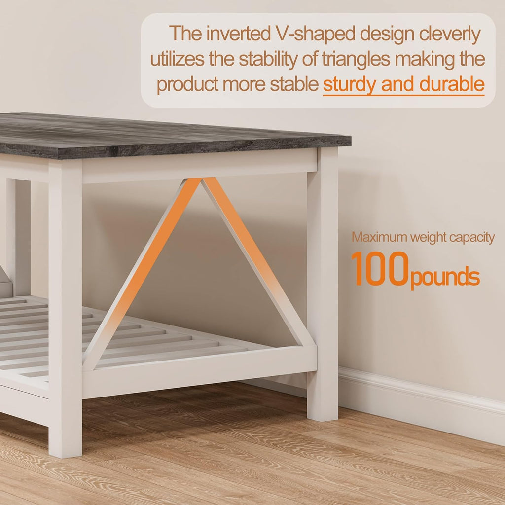 Farmhouse Coffee Table, White Oak Coffee Table for Living Room, 2-Tier Rectangular Wooden Centre Cocktail Table with Slats Shelf Storage and V-Shaped Frame Modern Coffee Oak Grey