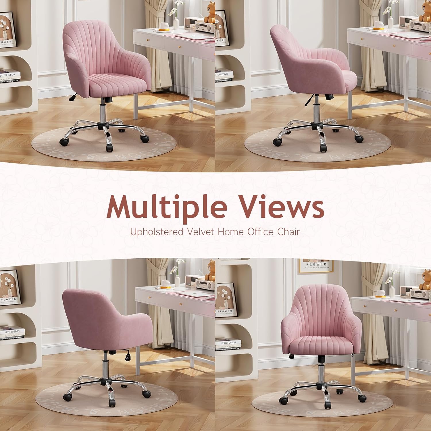 Warmiehomy Office Chair, Velvet Desk Chair for Home Office, Cozy Vanity Chair, Girl Cute Makeup Chair with Arm Rest for Bedroom Dressing Room (Blush Pink)