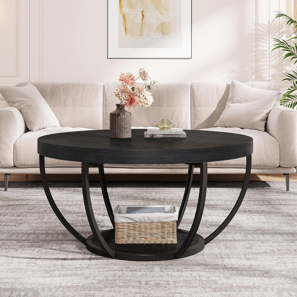Tribesigns Black Round Coffee Table, 31.7" Modern 2-Tier Circle Coffee Table with Storage Shelves, Accent Cocktail Table Center Table for Living Room