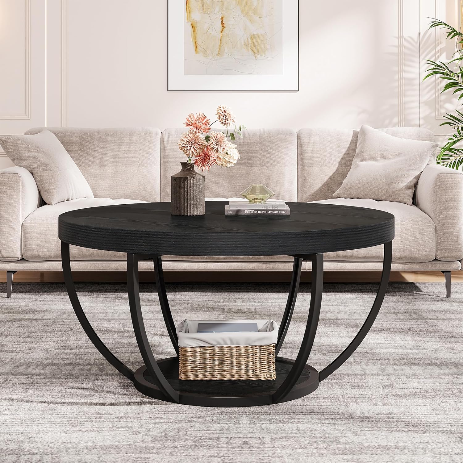 Tribesigns Black Round Coffee Table, 31.7" Modern 2-Tier Circle Coffee Table with Storage Shelves, Accent Cocktail Table Center Table for Living Room
