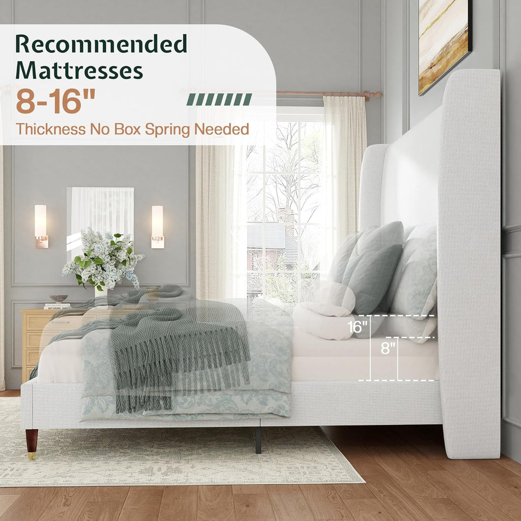 Jocisland King Upholstered Platform Bed Frame with 51.2" Tall Wingback Headboard–Solid Wood Legs, No Box Spring Needed, White Linen–Modern Style for Any Bedroom