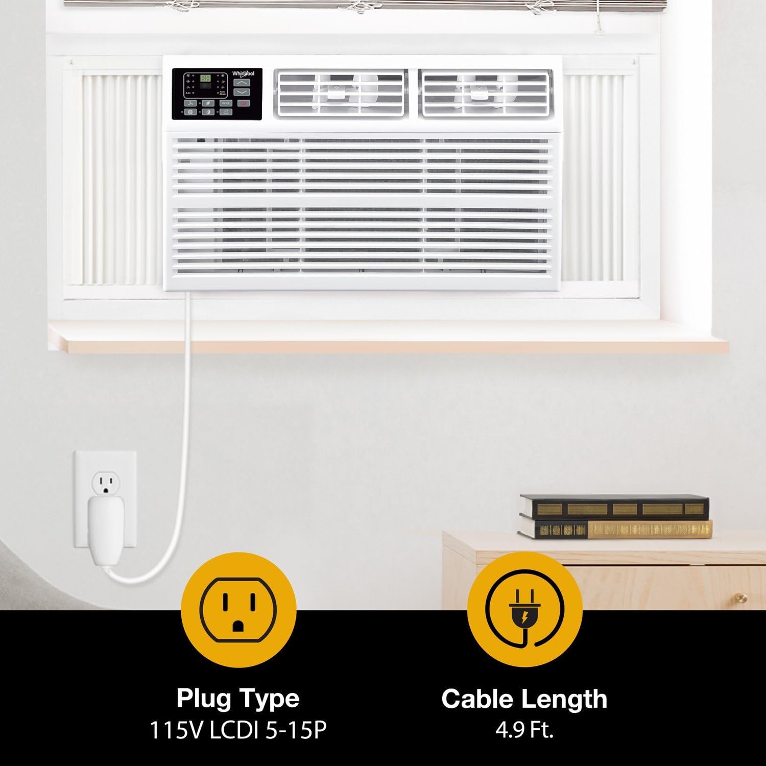 Whirlpool 8,000 BTU Window Air Conditioner with Supplemental Heat, Window Mounted AC Unit with Heater for Apartment, Living Room, Bedroom, Rooms up to 350 Square Feet