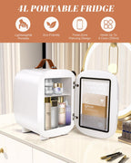 Mini Fridge for Bedroom, 4 Liter/6 Can Skincare Fridge With LED Mirror & Leather Carrying Handle,12v AC/DC Cooler & Warmer Portable Small Refrigerator for Drinks, Makeup, Dorm, Office and Car(White)