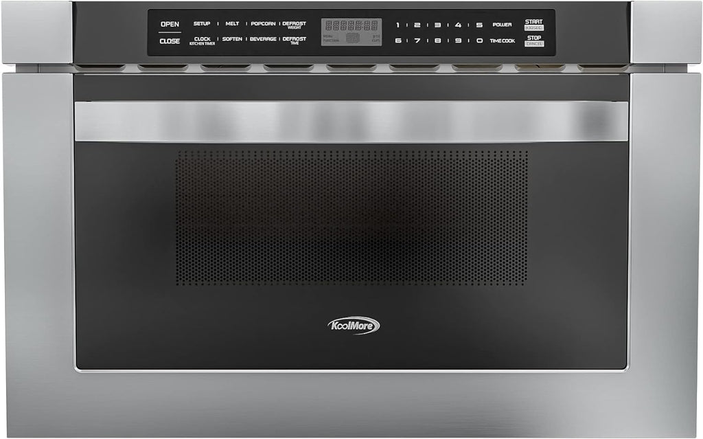 KoolMore 24 Inch Stainless-Steel Microwave Drawer with 1.2 cu. ft. Capacity, 1000W Power with 10 Custom Cooking Levels, Memory, and Timer Functions, Wall-Mounted with Flat Bottom (KM-MD-1SS)