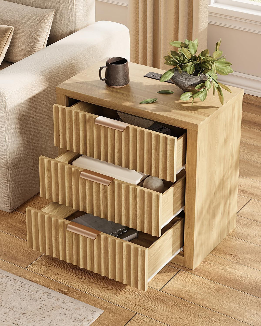 24" Fluted Night Stand Set of 2, Large Bedside Table with 3 Drawers, Modern Nightstand with Charger Station for Bedroom Home Office, Natural Oak