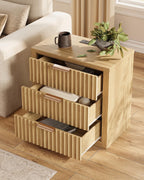 24" Fluted Night Stand Set of 2, Large Bedside Table with 3 Drawers, Modern Nightstand with Charger Station for Bedroom Home Office, Natural Oak