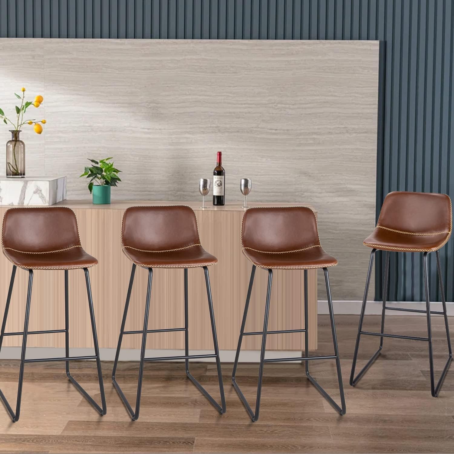 HeuGah Bar Stools, 30" Bar Height Stools Set of 4,Faux Leather Bar Stools with Back, Industrial Bar Height Barstool with Metal Legs Modern Counter Stool for Kitchen Island