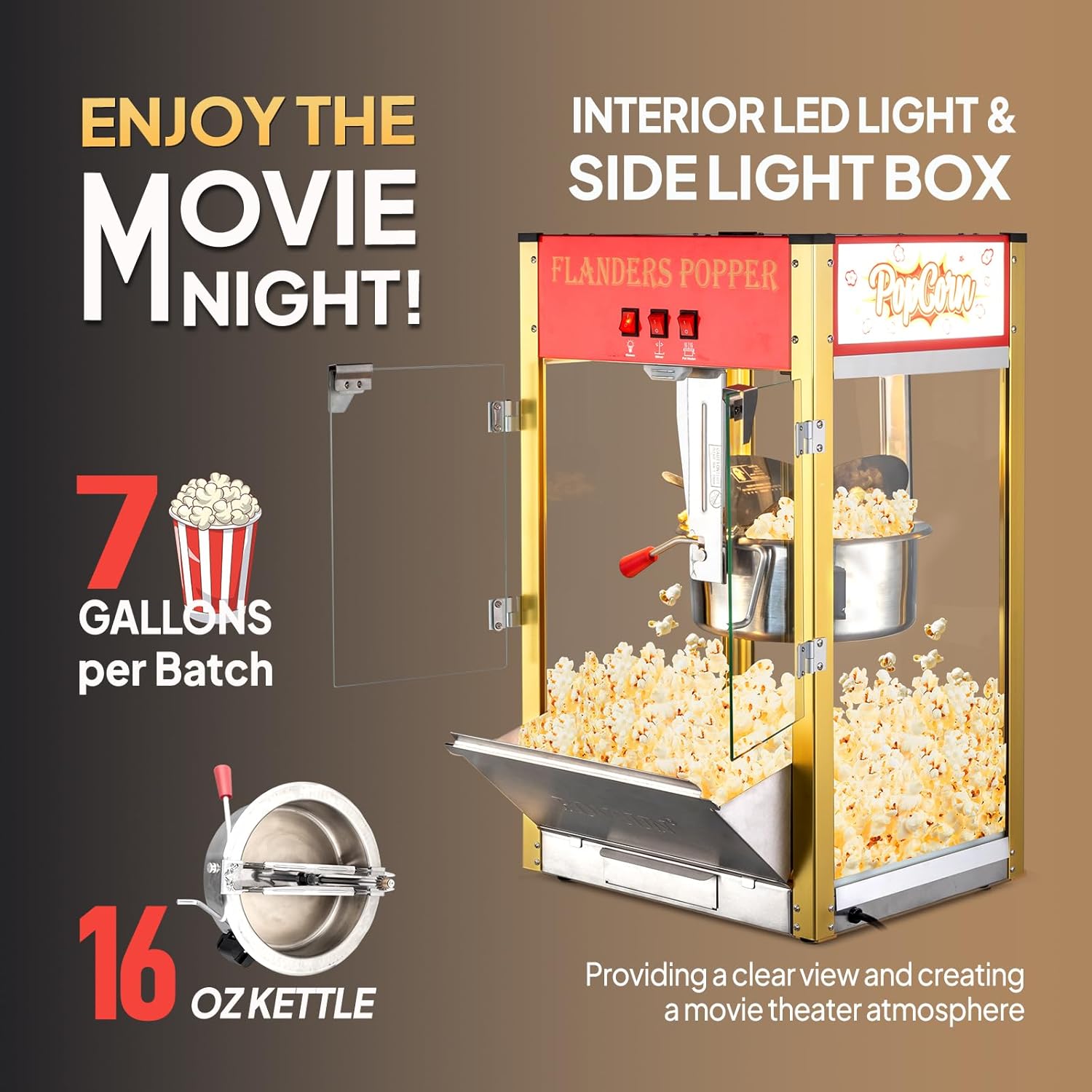 ROVSUN Popcorn Machine with 16 Ounce Kettle ETL Certified, Vintage Popcorn Maker Commercial Popcorn Machine Countertop w/Stainless Steel Scoop, Oil Spoon & 3 Popcorn Cups for Home Movie Theater, Red