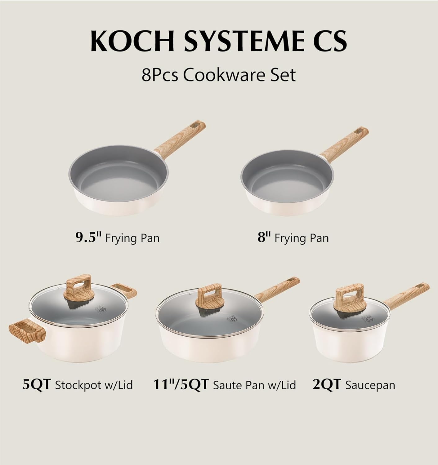 KOCH SYSTEME CS Nonstick Ceramic Cookware Set, Nonstick Pots and Pans Set with Stay-Cool Handles, Non-toxic Ceramic Kitchen Cooking Set, Induction Compatible Dishwasher Safe, PFAS and PFOA Free