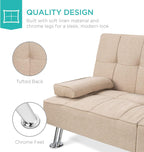 Best Choice Products Linen Modern Folding Futon, Reclining Sofa Bed for Apartment, Dorm w/Removable Armrests, 2 Cupholders - Beige