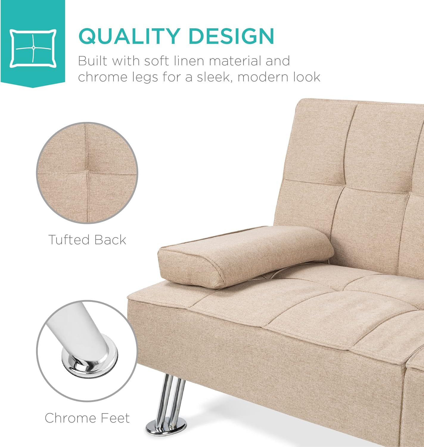 Best Choice Products Linen Modern Folding Futon, Reclining Sofa Bed for Apartment, Dorm w/Removable Armrests, 2 Cupholders - Beige