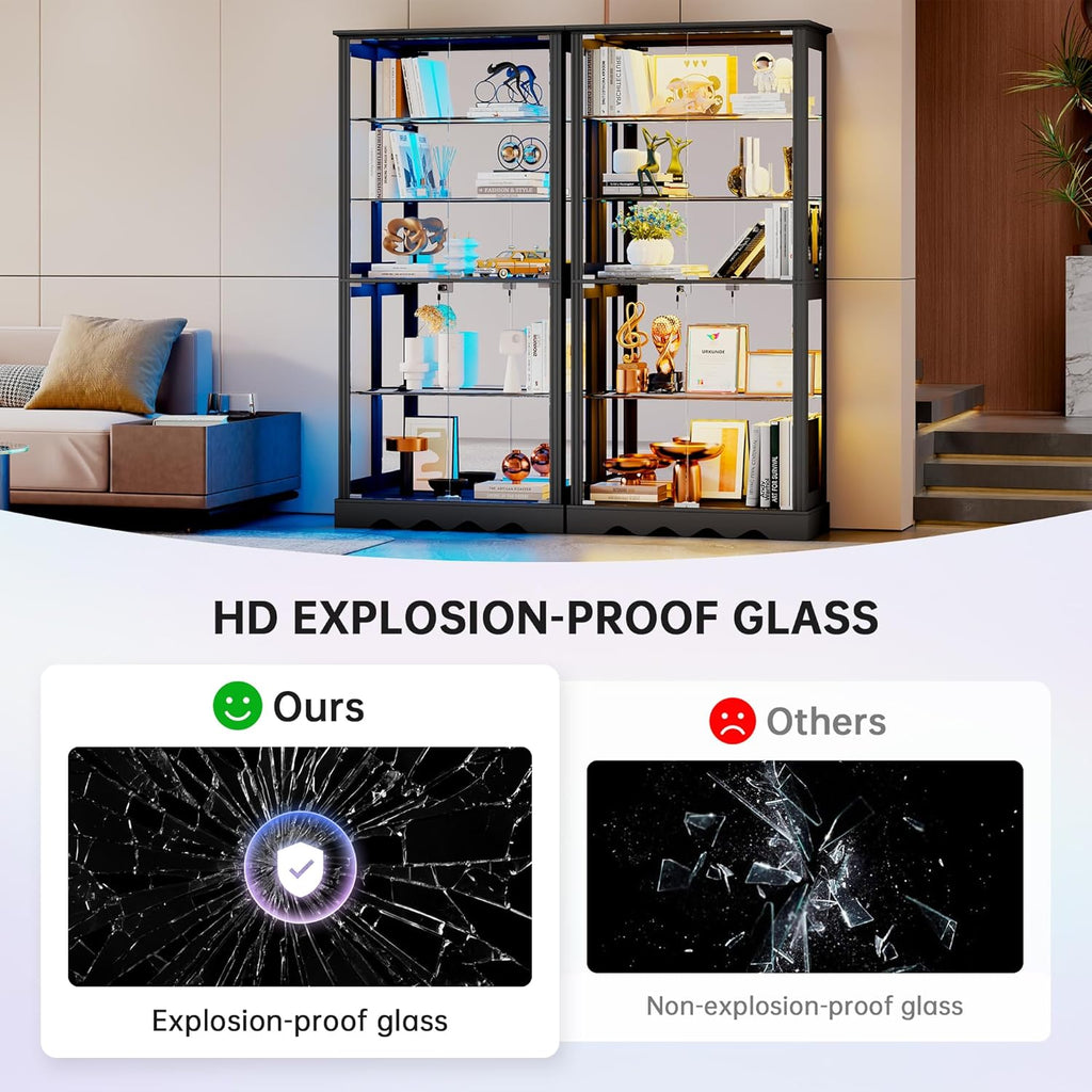 Display Cabinet with Glass Doors, 71'' Tall Curio Cabinet with RGB Lights for Collectibles, LED Display Case with Removable Shelf for Book/Medal/Figure, Black