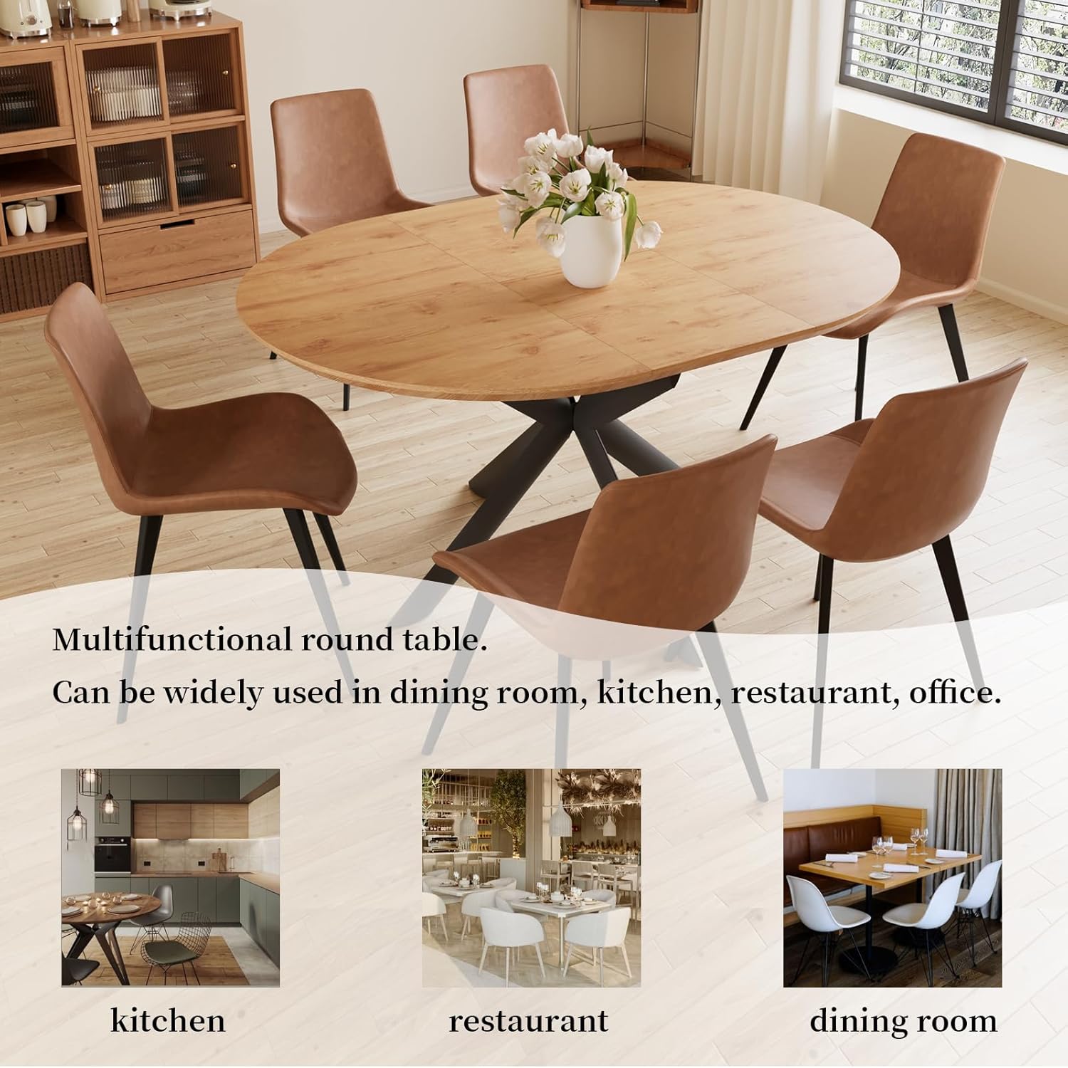 43.2"-59.1" Extendable Round Dining Table Set, Mid Century Wooden Round Kitchen Table, Oak Coffee Table for 4-6 Person,PU Leather Chair