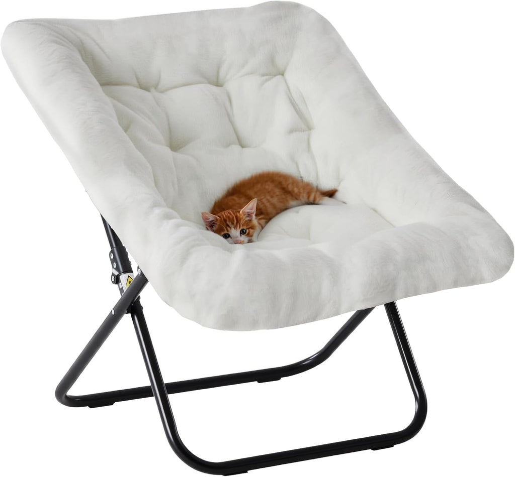 DUMOS Comfy Chair for Adults, Soft Faux Fur Folding Lounge for Bedroom Living Room Dorm Rooms Flexible Reading Chair for Teens, Large Size Foldable (Square-Creamy)